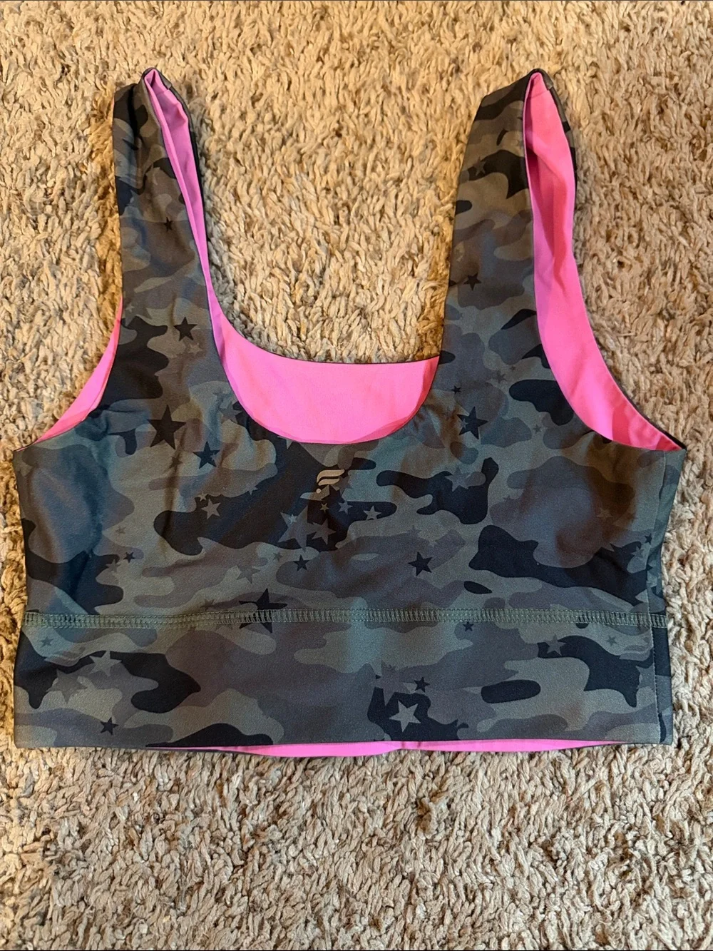 Fabletics Green Camouflage Sports Bra with Pink Lining reversible